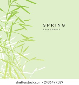Spring green abstract nature background. Elegant floral pattern with elements of wild flowers and herbs. Vector template for card, banner, invitation, social media post, poster, advertisement