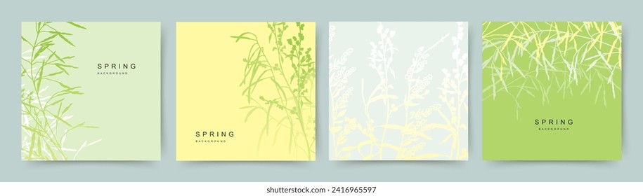 Spring green abstract nature backgrounds. Elegant floral pattern with elements of wild flowers and herbs. Vector template for card, banner, invitation, social media post, poster, advertisement