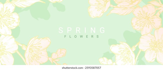 Spring green background with blooming branches and pink white flowers. Abstract vector illustration for poster, invitation, card, flyer, cover, banner, social media, advertising