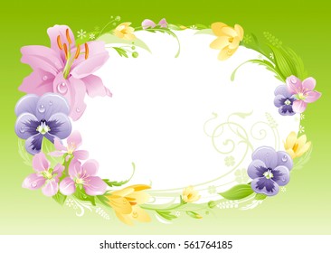 Spring green background. Easter, Mothers day, Birthday, Wedding. Flower frame: lily, pansy, crocus, leaf. Isolated wreath. Natural border pattern, flat vector illustration. springtime greeting card