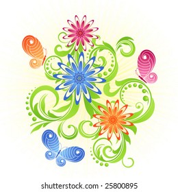Spring green background with flowers and butterflies