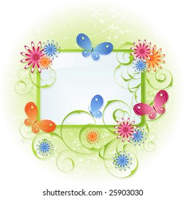 Spring green background with flowers and butterflies