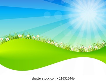 Spring green background. Grass and flower.