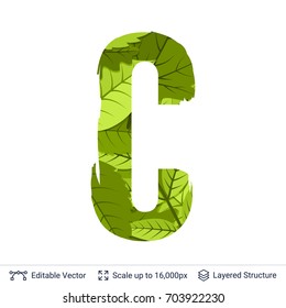 Spring green bright leaves letter. Paint brush silhouette filled with leaves pattern.