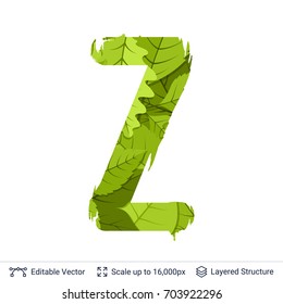 Spring green bright leaves letter. Paint brush silhouette filled with leaves pattern.