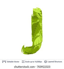 Spring green bright leaves letter. Paint brush silhouette filled with leaves pattern.