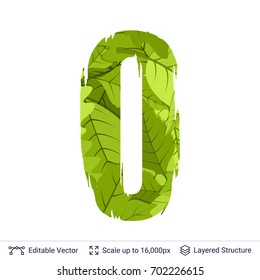 Spring green bright leaves number. Paint brush silhouette filled with leaves pattern.