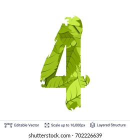 Spring green bright leaves number. Paint brush silhouette filled with leaves pattern.