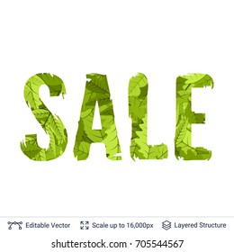 Spring green bright symbols text. Paint brush silhouette filled with leaves pattern.
