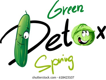 Spring Green Detox - funny vector design with cucumber and cabbage cartoon