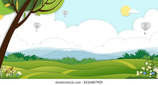 Paisaje de campo verde de primavera con montaña, capa de nubes, globos de aire caliente corazón volando sobre fondo de cielo azul, arte de papel panorámico Naturaleza rural de verano con hierba verde land.Cartoon ilustración vectorial 