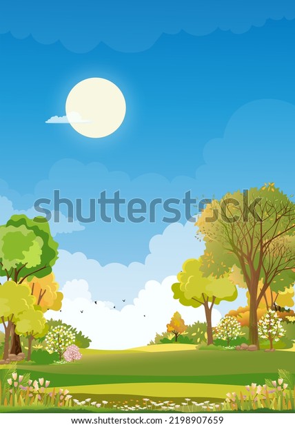 Spring\
green fields landscape with blue sky and clouds background,Vector\
Peaceful rural nature in springtime with grass land in morning.\
Vertical Cartoon for spring and summer\
banner