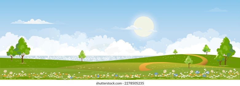 Spring green fields landscape by the lake,blue sky and clouds background,Panorama peaceful rural nature in springtime with green grass land. Cartoon vector illustration for spring and summer banner