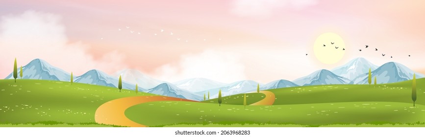 Spring green fields landscape with mountain, blue sky and clouds background,Panorama peaceful rural nature in springtime with green grass land. Cartoon vector illustration for spring and summer banner