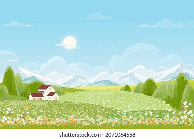 Spring green fields landscape with mountain, blue sky and clouds background,Panorama peaceful rural nature in springtime with green grass land. Cartoon vector illustration for spring and summer banner