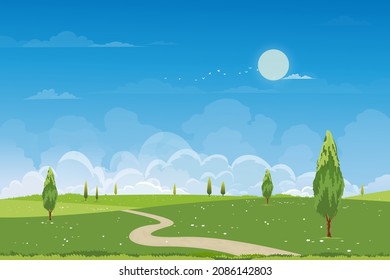 Paisaje de los campos verdes de primavera con montaña, cielo azul y fondo de nubes, naturaleza rural pacífica Panorama en primavera con hierba verde. Ilustración vectorial de dibujos animados para banner primavera y verano