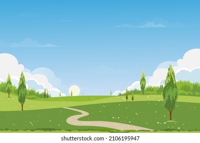 Spring green fields landscape with mountain, blue sky and clouds background,Panorama peaceful rural nature in springtime with green grass land. Cartoon vector illustration for spring and summer banner