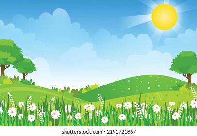 Spring green fields landscape with mountain, blue sky and clouds background,Panorama peaceful rural nature in springtime with green grass land. Cartoon vector illustration for spring and summer banner