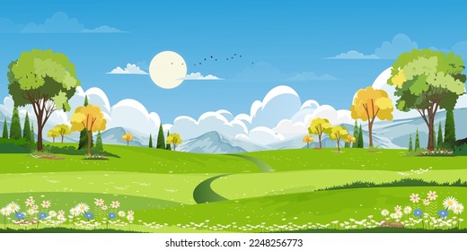 Paisaje de los campos verdes de primavera con montaña, cielo azul y fondo de nubes, naturaleza rural pacífica Panorama en primavera con hierba verde. Ilustración vectorial de dibujos animados para banner primavera y verano