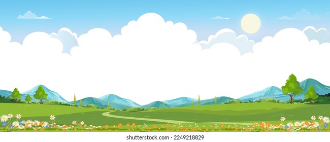 Paisaje de los campos verdes de primavera con montaña, cielo azul y fondo de nubes, naturaleza rural pacífica Panorama en primavera con hierba verde. Ilustración vectorial de dibujos animados para banner primavera y verano