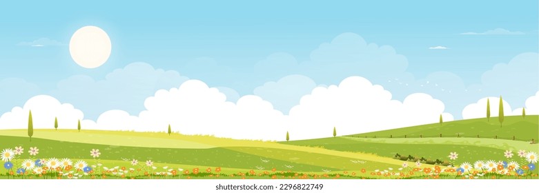 Paisaje de los campos verdes de primavera con montaña, cielo azul y fondo de nubes, naturaleza rural pacífica Panorama en primavera con hierba verde. Ilustración vectorial de dibujos animados para banner primavera y verano