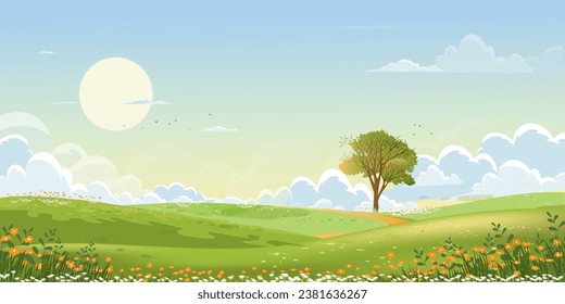 Paisaje de los campos verdes de primavera con montaña, cielo azul y fondo de nubes, naturaleza rural pacífica Panorama en primavera con hierba verde. Ilustración vectorial de dibujos animados para banner primavera y verano