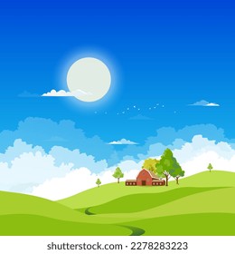 Spring green fields landscape with mountain,blue sky and cloudy background,Panorama peaceful rural natural in springtime with green grass land. Cartoon vector illustration for spring and summer banner