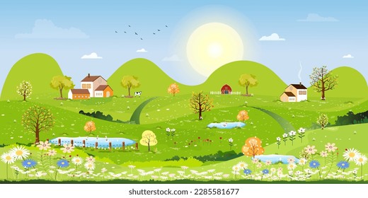 Spring green fields landscape with mountain,blue sky and clouds background,Panorama peaceful rural natural in village with green grass land. Cartoon vector illustration for spring and summer banner