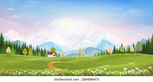 Spring green fields landscape with mountain,pink,blue sky and cloud background,Panorama rural nature in springtime with green grass land. Cartoon vector illustration for spring and summer banner