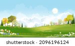 Spring green fields landscape orang, blue sky and clouds background,Panorama peaceful rural nature in springtime with green grass land in morning. Cartoon vector for spring and summer banner
