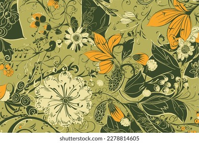 spring green floral pattern with orange  flowers