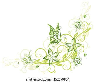Spring, green flowers with butterfly