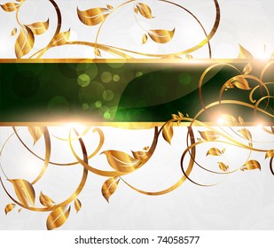 Spring green golden card with seamless ornament at background and sun shine. eps 10