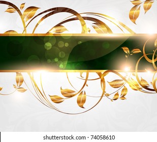 Spring green golden card with seamless ornament at background and sun shine. eps 10