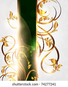 Spring green golden card with seamless ornament at background and sun shine. eps 10