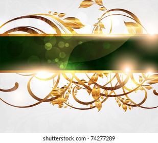 Spring green golden card with seamless ornament at background and sun shine. eps 10
