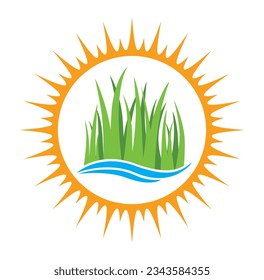 spring green grass with blue wave in sun frame icon