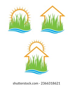 hierba verde primavera con ola azul en el marco solar e icono de la casa