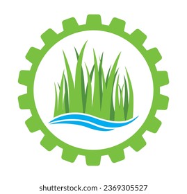 spring green grass with blue wave in gear wheel eco icon