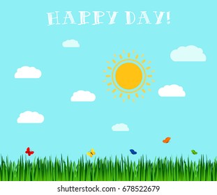Spring green grass and butterfly landscape, vector illustration