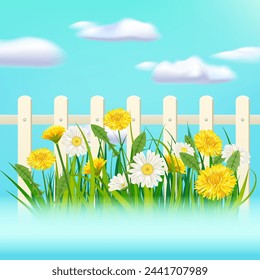 Spring green grass, daisy and dandelion flowers, white fence