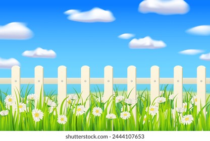 Spring green grass, daisy flowers, white fence