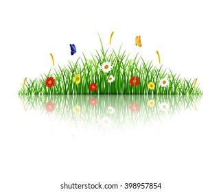 Spring green grass with flowers and butterflies on white background