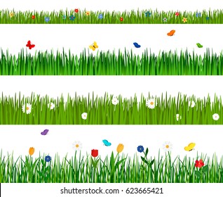 Spring green grass and flowers horizontal seamless pattern isolated on white background with flowers and butterflies icons