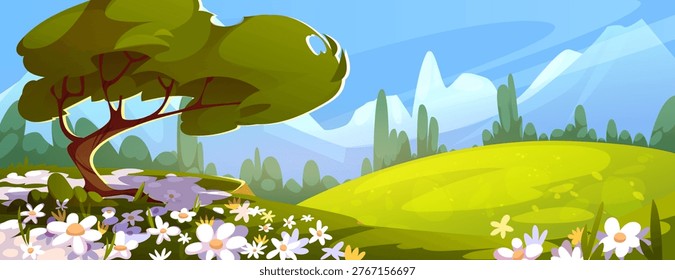 Spring green grass meadow landscape with blooming flowers and forest hills, cartoon vector background. Mountains valley with daisies under blue sky, fluffy clouds and golden sunlight