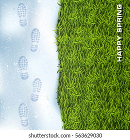 Spring. Green Grass. Natural Texture. Clear Deep Footprints On White Winter Snow Of A Pair Of Boots. Overhead View. Texture Of Snow Surface. Vector Illustration Background.