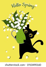 Spring green greeting card Hello Spring. Black funny cat with a bouquet of cute lilies of the valley for printing on T-shirts, pillows, poster. Vector illustration.