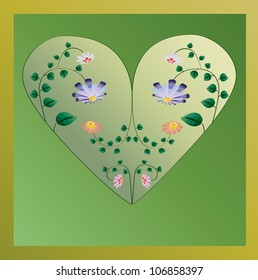 Spring green heart with flowers with leaves inside beautiful illustration