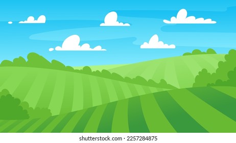 Spring green hills landscape. Farm, agriculture and garden. Vector illustration of garden work, garden beds, planting seedlings rise, trees and nature. Drawing for a poster, postcard or background. 