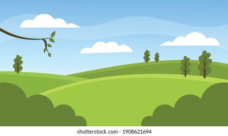 spring green landscape with blue sky and white clouds. The beginning of spring. 